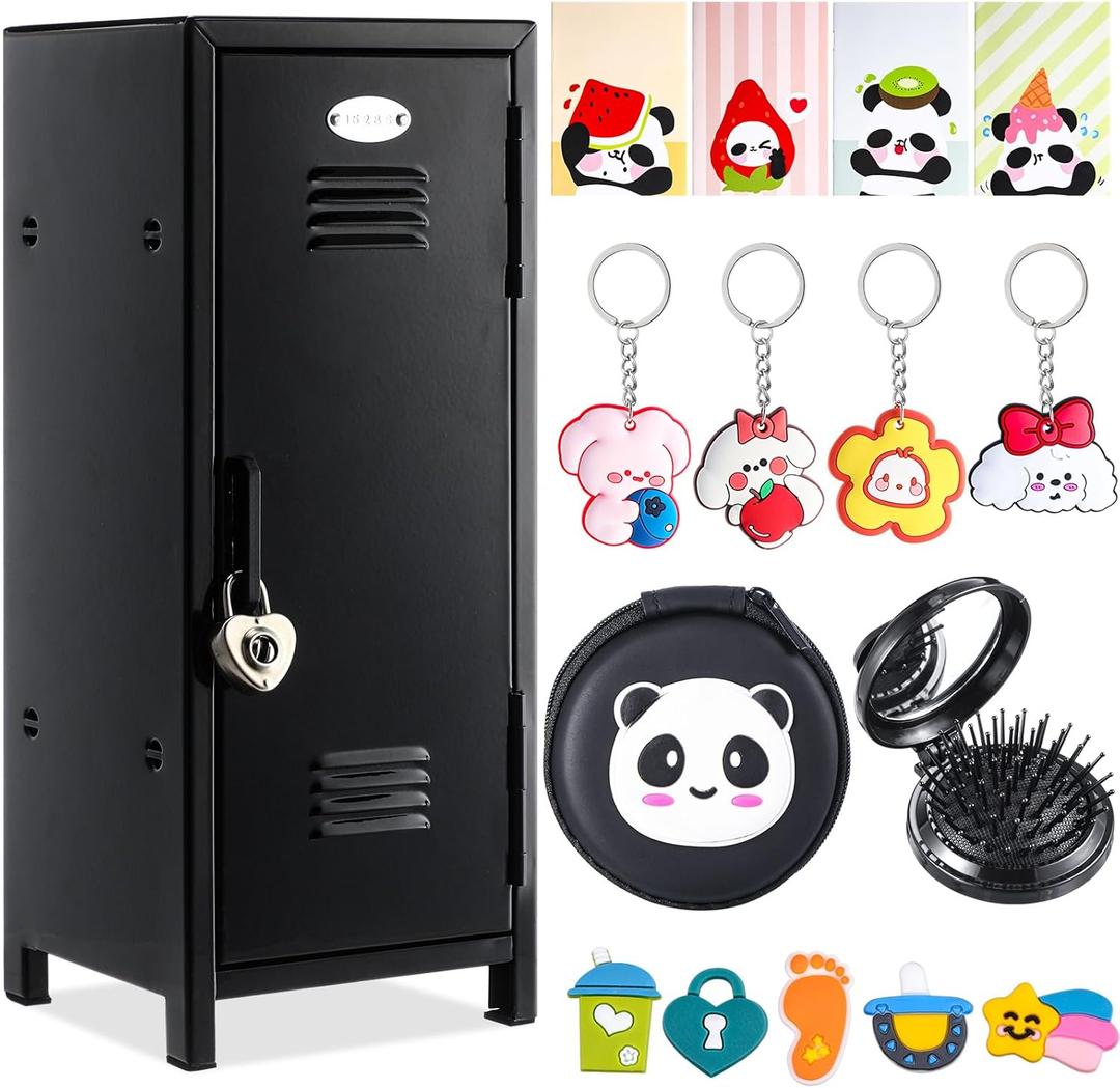 Vercraft 12 Pcs Mini Locker 10.8 Inch Miniature Storage with Lock and 2 Keys Small Cute Functional Locker for Desktop Bedroom Home Office(Black,Panda)