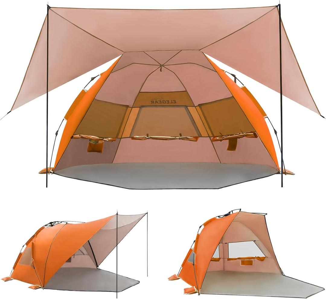 Elegear Beach Tent with 360 Removable Canopy 4-6 Person Automated Pop Up | CumbreX Beach Cabana Sun Shade Shelter, UPF 50+, Double Silver Coating, Portable Lightweight, For Beach/Outdoor, Orange
