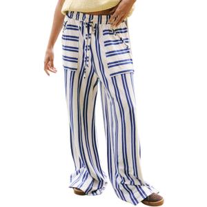 Women's Palazzo Pants Striped Wide Leg High Waist Casual Comfy Pants with Pockets (M)