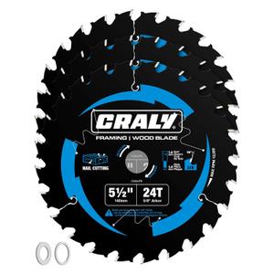 CRALY 5-1/2 Inch 24 Teeth Wood Cutting Framing Circular Saw Blade, 5/8 Inch Arbor, Carbide Tipped, Thin Kerf, Black Ice Coating, for Plywood, MDF, OSB, Laminated, 3-Pack(C0524FR-3)