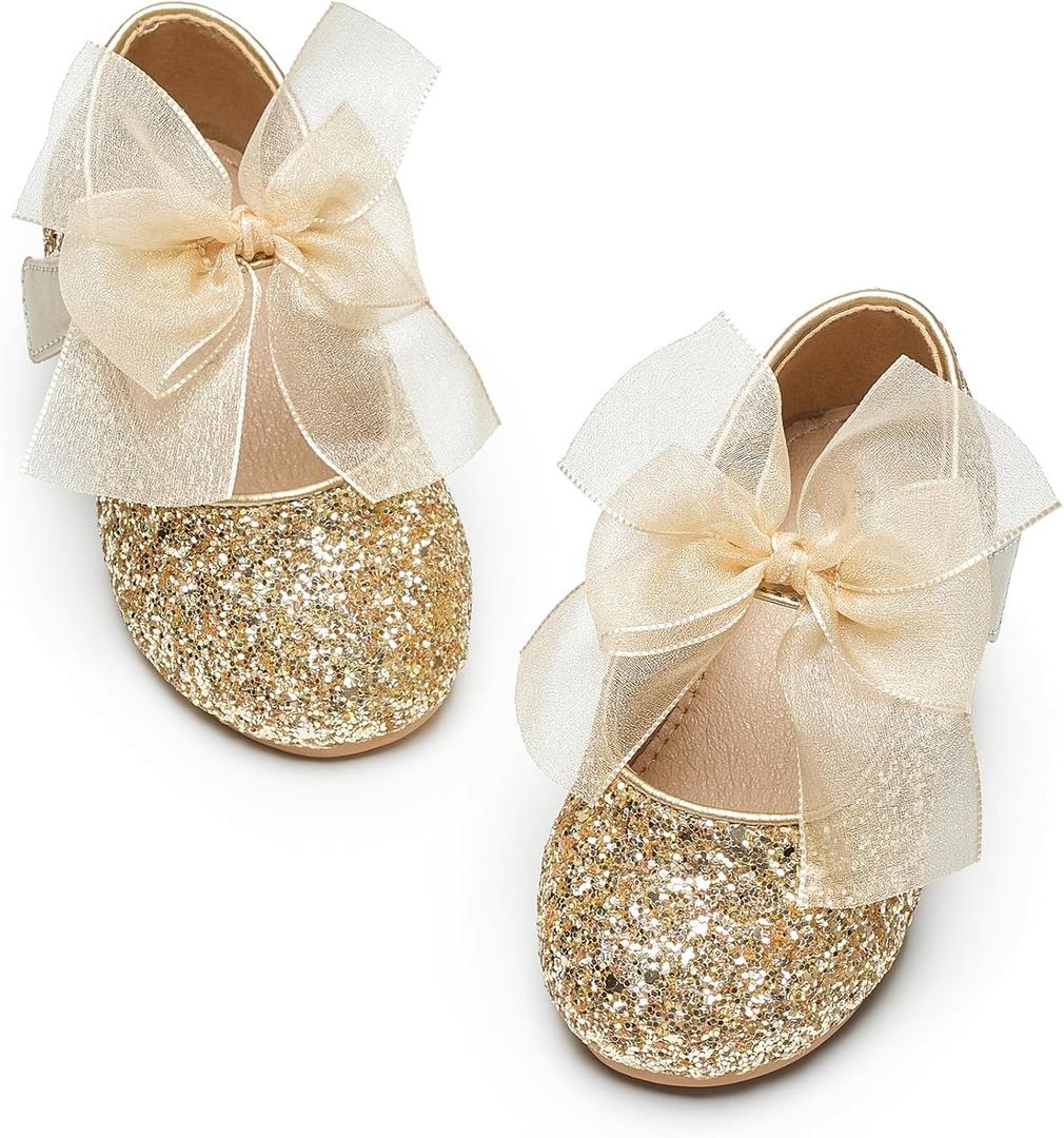 Kiderence Little Toddler Girls Dress Shoes Ballerina Ballet Flats Kids Gold Mary Janes Size 6M