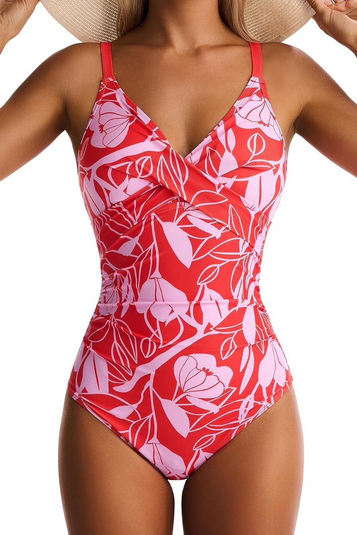Women's One Piece Swimsuits Tummy Control Lace Up Bathing Suits V Neck Slimming Swim Suit Front Cross Wrap Swimwear, M