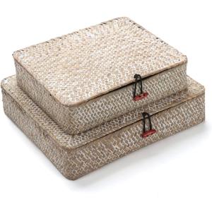 Whitewash Seagrass Basket with Lid Rectangular Decorative Storage Boxes for Shelf Organize Snack Toys Set of 2 (Large+Small)