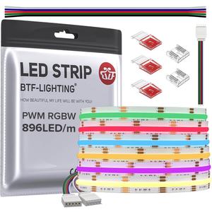 BTF-LIGHTING FCOB COB LED Strip RGBW 3000K 896LED/m 16.4FT DC24V Color Changing Flexible High Density Uniform Light 12mm Width for Home Indoor Decoration(No Adapter or Controller)