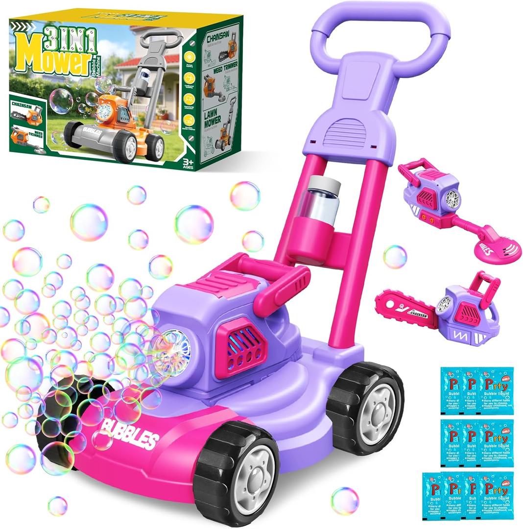 Bubble Lawn Mower for Kids, 3-in-1 Bubble Machine Blower with 10 Bubble Solution, Outdoor Push Toys for Toddlers Ages 3-8, Birthday Easter Summer Gift for Boys Girls 3 4 5 6 7 8 Year Old (Pink,Purple)