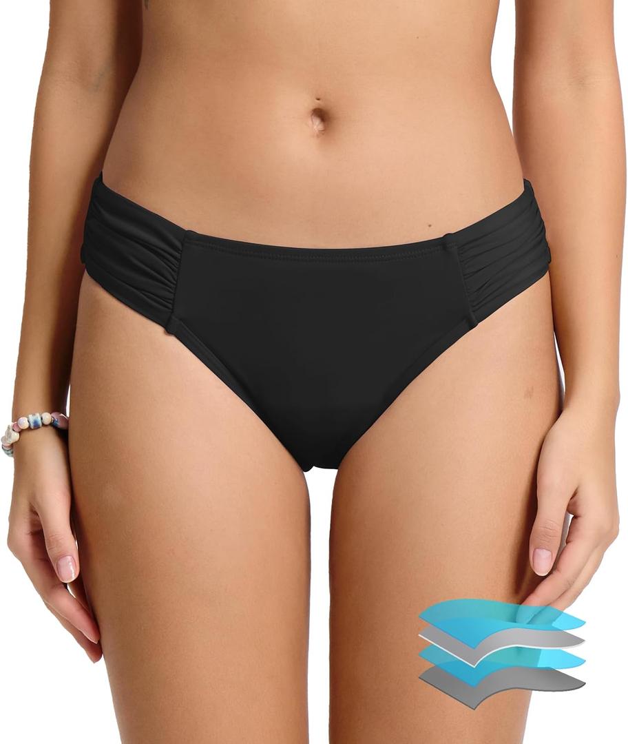 Beautikini Period Swimwear Menstrual Leakproof Low Waist Ruched Bikini Bottom Bathing Suit Shorts for Teen Girls (Medium, Black)