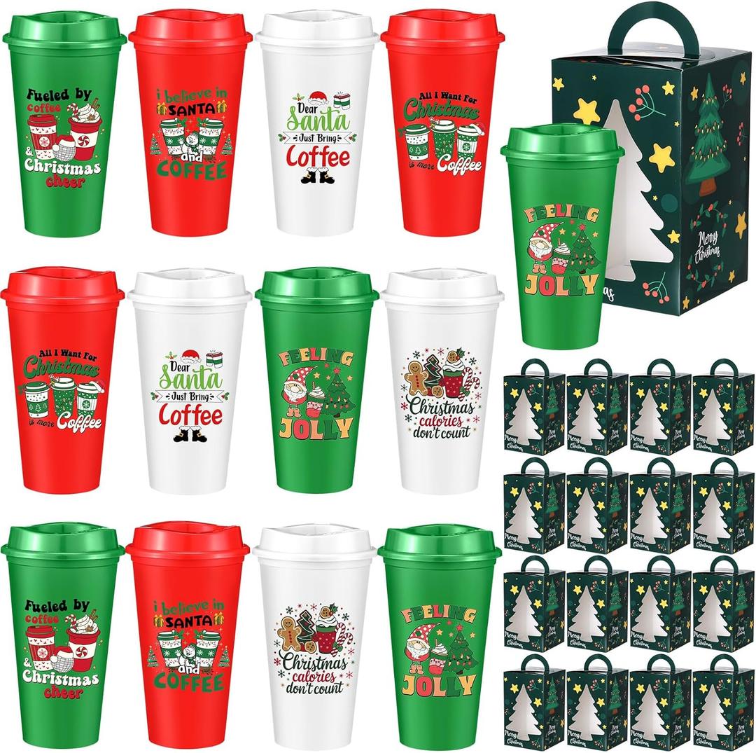 Mimorou 12 Set Christmas Coffee Cups Gifts 16 oz Reusable Coffee Cup with Lids and Gift Bags, Plastic Christmas Mugs Set of 12 Xmas Party Holiday Gifts for Teachers Coworker Nurse