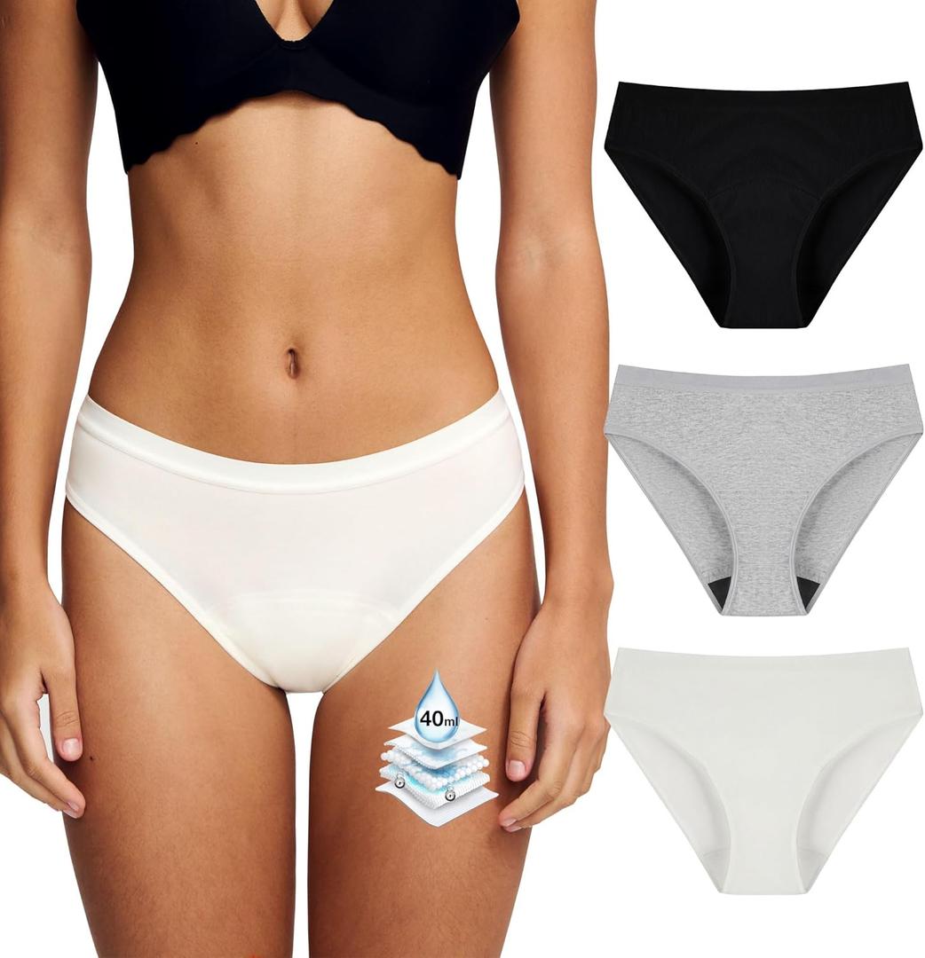 Battewa Leak Proof Underwear for Women Incontinence Underwear Teens Ladies Cotton Leakproof Panties Bikini Absorbent 40ml,3Pack (3Color,Large) (Black-white-gray)
