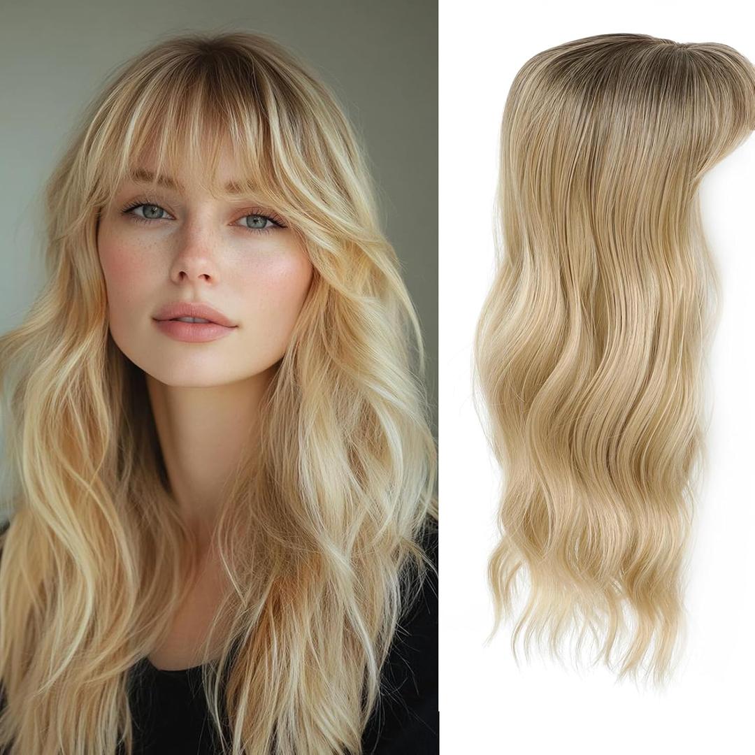 Hair Topper, 360 3D Hair Toppers for Women with Thinning Crown, 20 Inch Long Wavy Curly Hair Pieces Clip in Bangs (Highlights Champagne Blonde with Brown Root)