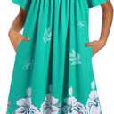 Ekouaer Women's House Dress - Pleated Nightgown with Short Sleeves & Pockets (Large, Green Flower)