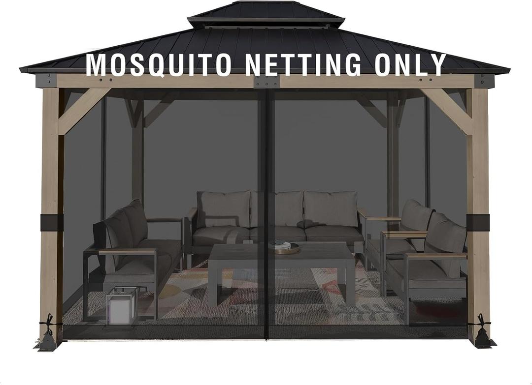 Aoodor Universal 10x13 ft Gazebo Mosquito Netting, Replacement 4-Panel Sidewalls with Double Zippers for Patio, Backyard, Deck, and Lawn (Netting Only, Black)