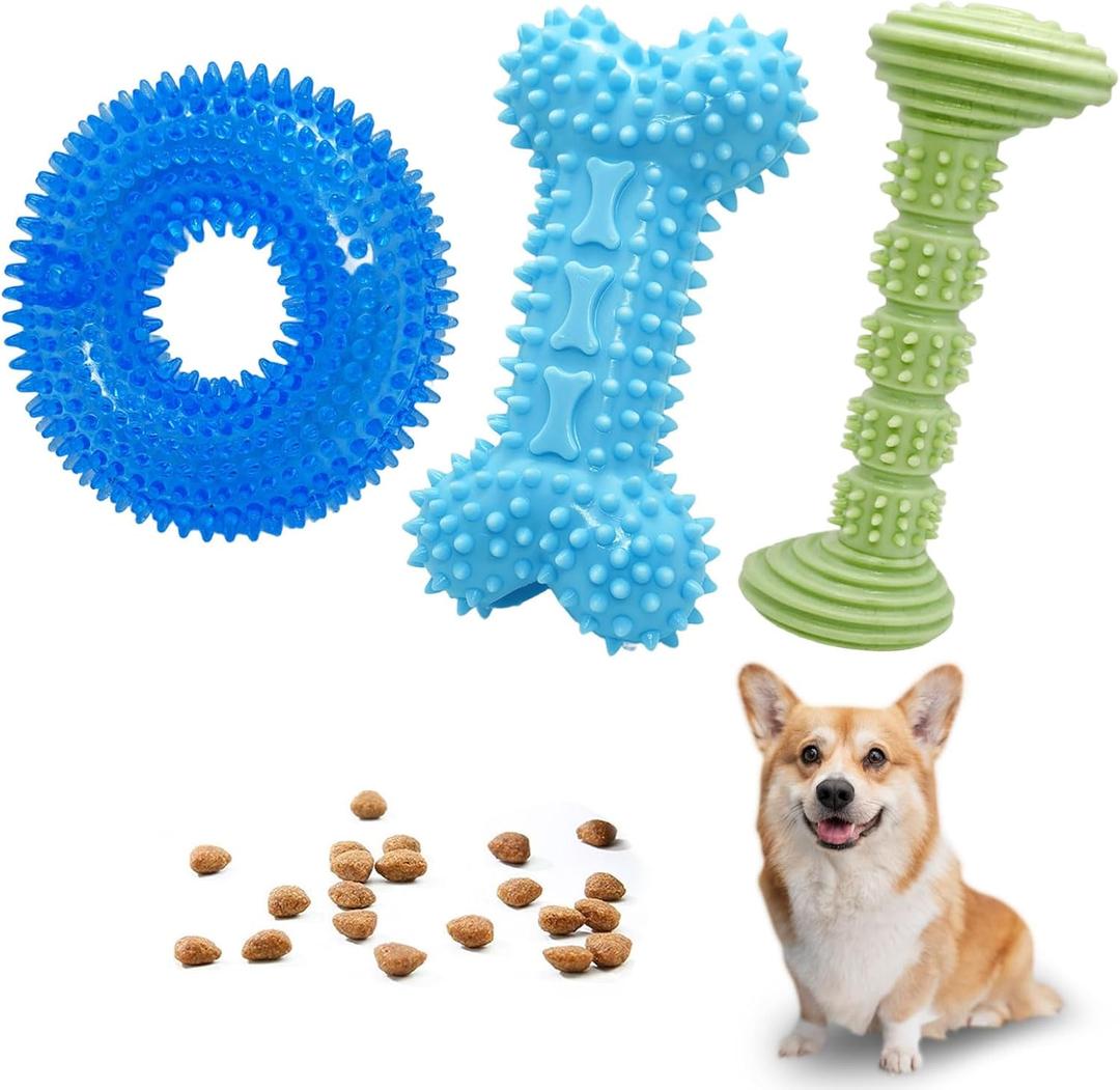 3-Pack Puppy Chew Toys for Teething Relief  Soft & Durable Rubber Toys for Small & Medium Puppies, Includes Squeaky Donut, Bone & Food-Dispensing Toys for Teeth Cleaning & Oral Health