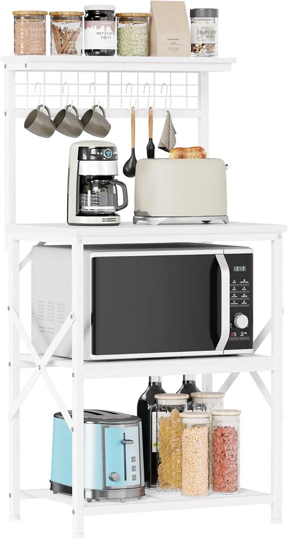 Furologee Kitchen Bakers Rack with Hutch, Coffee Bar Station 4 Tiers, Microwave Oven Stand with 6 S Hooks and Pegboard, Kitchen Microwave Rack for Spice Organizer Workstation, White (22inch)