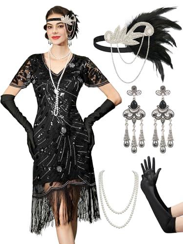 YESSA Black Flapper Dresses 1920s Dresses For Women,V Neck Great Gatsby Dresses for Women Roaring 20s Dresses With Sleeve For Harlem Nights/Cocktail/Party-Gatsby Costumes,Medium
