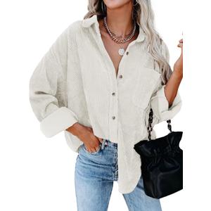 Dokotoo Womens Corduroy Button Down Shirts Boyfriend Long Sleeve Oversized Blouses Tops (M)