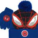 Marvel Spider-Man Kids Winter Hat and Snow Gloves for Boys and Toddlers, 2 Pc. Set, Pom-Pom Beanie with Warm Mittens (Black/Red/Blue)