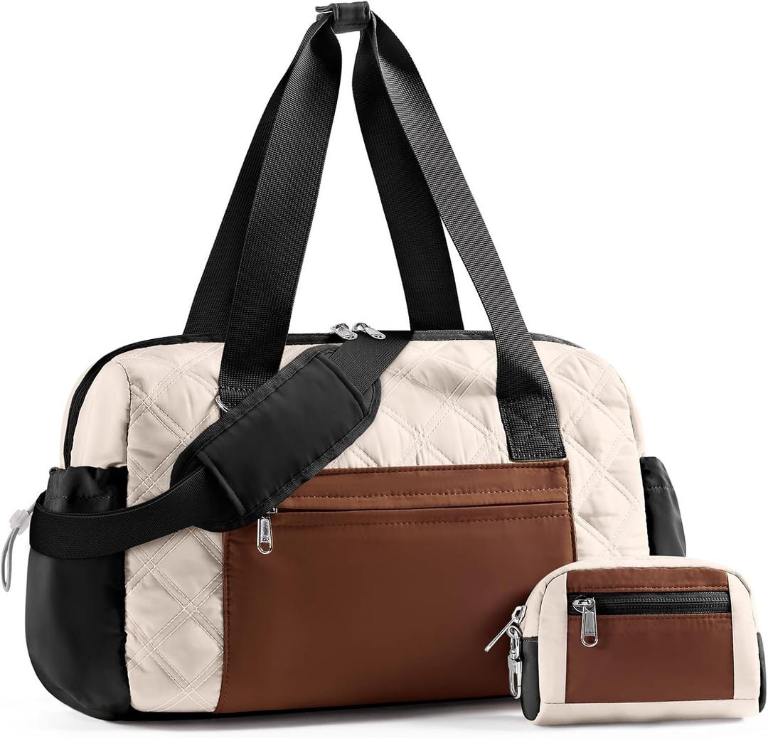 Small Gym Bag for Women, Mini Sports Duffle Bag for Workout Dance Ballet Yoga Gymnastics, Quilted Lightweight Puffer Travel Tote with Detachable Coin Purse & Wet Pocket, Beige-black-brown (S(14" x 6" x 10"))