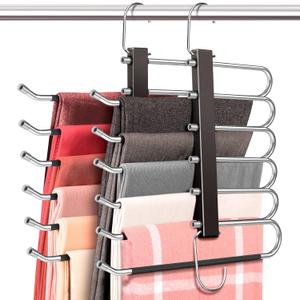 HUITEM 4 Pack 6-Tier Space Saving Pant Hangers, Anti-Slip, Lightweight, Stainless Steel, Black, 6 Pairs Jeans Hangers