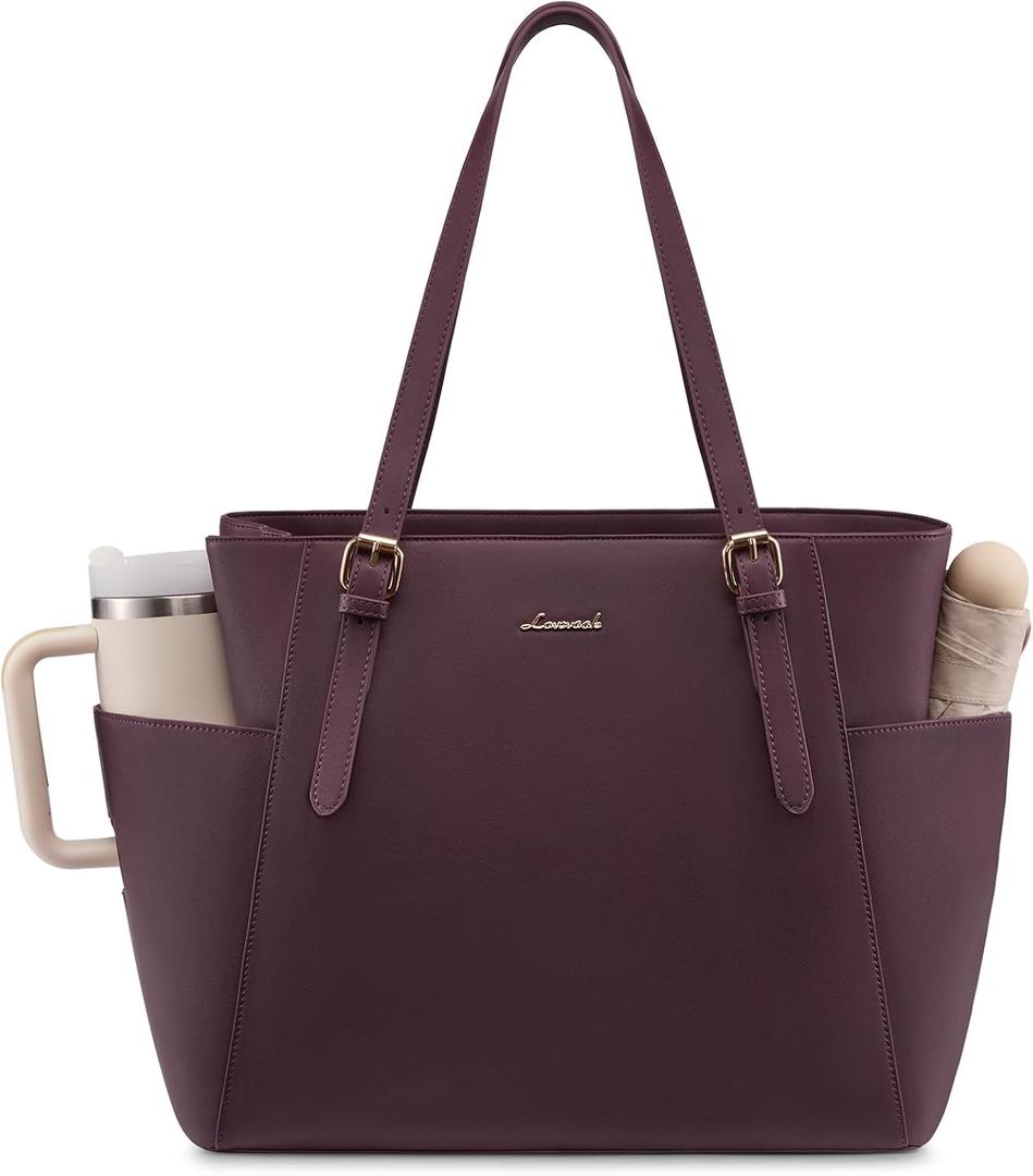 LOVEVOOK Laptop Tote Bag for Women With Large Cup Holder, Leather Work Tote Bag for Women,15.6 Inch Professional Computer Briefcase Business Teacher Commuter Shoulder Bag,Office Travel Gift