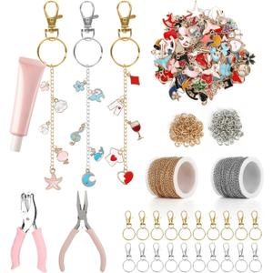 224 Pcs Lip Gloss Charm Keychain Set, Homemade Keychain Making Set, 100 Lip Gloss Charm, 20 Keychains, 1 Jewelry Plier, 1 Puncher, 16.5 Ft Rolls Chain, 100 Jumping Rings, for Jewelry Craft Gifts