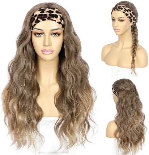 SAPPHIREWIGS Glueless Headband Wig Long Body Wave Wig Synthetic Headband Wigs for Black Women Natural Brown with Blonde Tips Wavy Hair Heat Resistant 26 inch