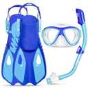 Kids Snorkel Set Mask Fins-Panoramic Snorkel Mask+Dry Top Snorkel+Adjustable Swim Fins+Mesh Bag+Earplugs for Boys Girls, Junior Snorkeling Gear for Kids Ages 5-14, Blue and Blue
