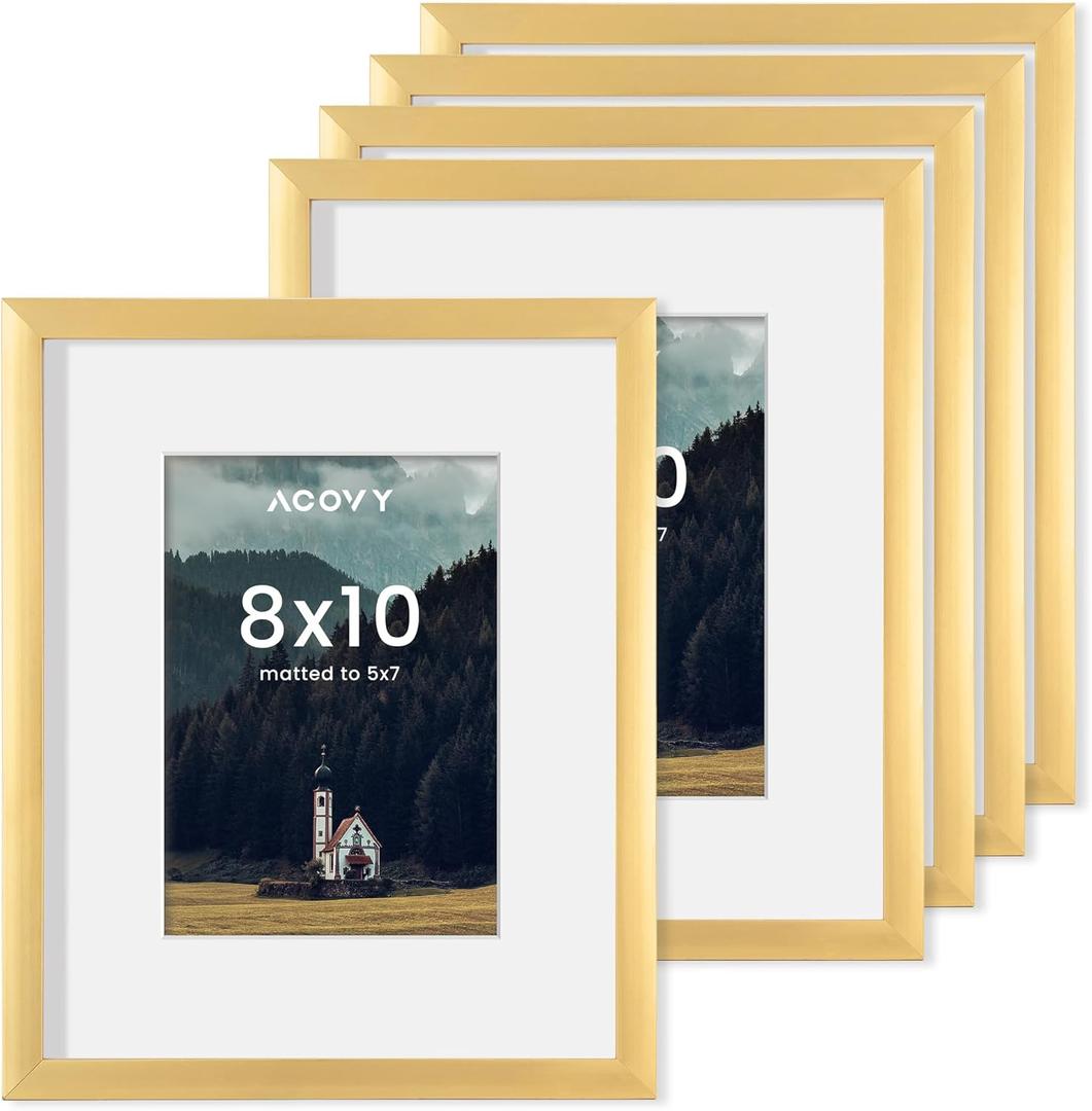 8x10 Picture Frames Set of 5, 8 x 10 Photo Frame with Mat for 5x7 or 8x10 without Mat, 8"x10" Picture Frame with HD Plexiglass, 8 by 10 Picture Frame for Wall or Tabletop Display, Gold