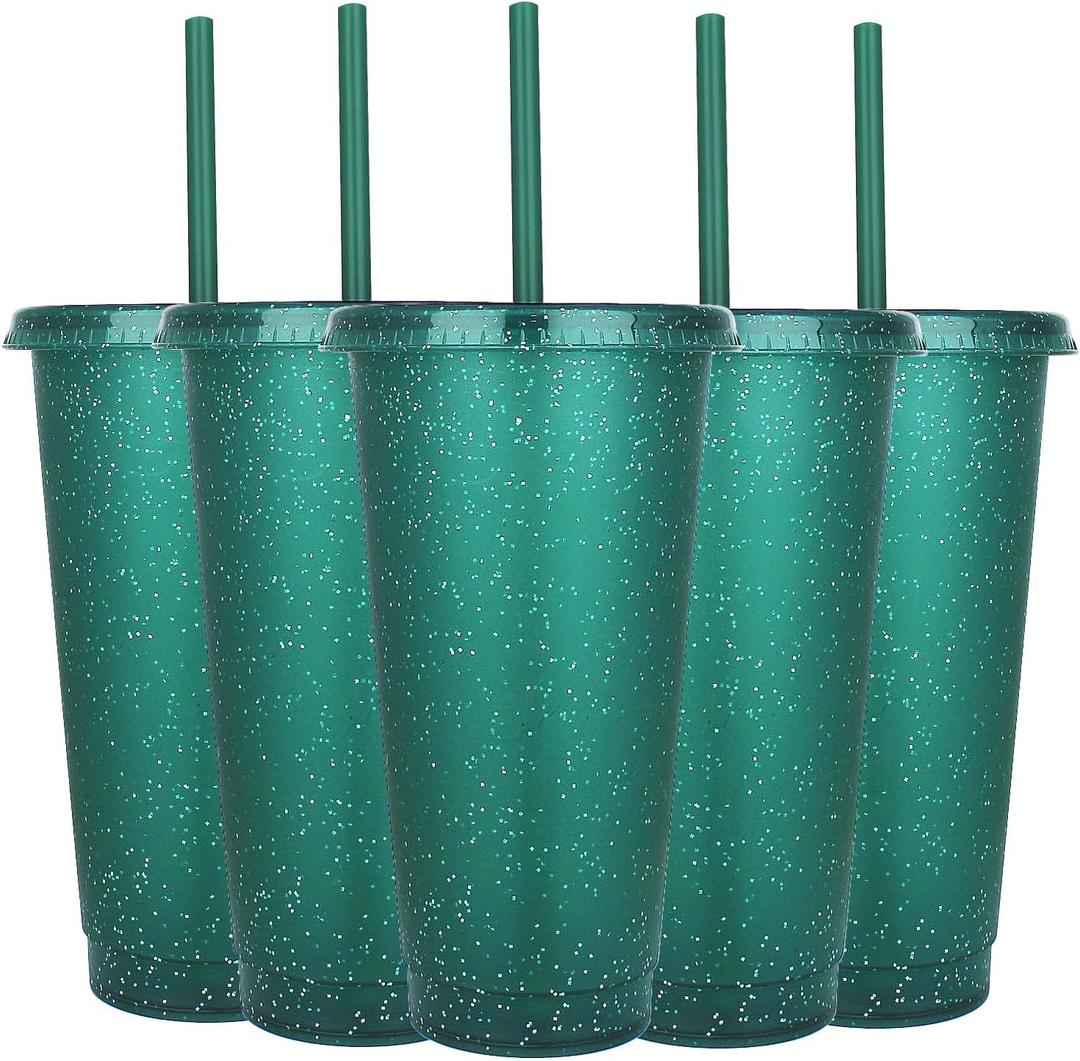 Suertestarry Tumbler with Straw and Lid, Water Bottle Iced Coffee Travel Mug Cup, Reusable Plastic Cups, Perfect for Parties, Birthdays, 24oz-5 Pack (Dark Green)