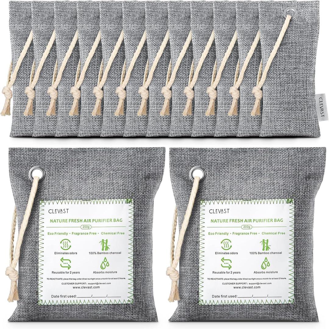 CLEVAST 14 Pack Activated Bamboo Charcoal Air Purifying Bags(2x200g, 12x50g), Natural Fresh Odor Absorber, Deodorizer and Moisture Eliminator, Air Purifier Bags for Home