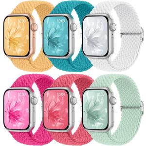 6 Pack Braided Stretchy Bands Compatible with Apple Watch Band 38mm 40mm 41mm 42mm 44mm 45mm 46mm 49mm Women Men, Adjustable Nylon Solo Loop Elastic Straps for iWatch Series 10 9 8 7 6 5 4 3 SE Ultra (Teal/Hot Pink/White/Peach Red/Light Green/Sunshine)