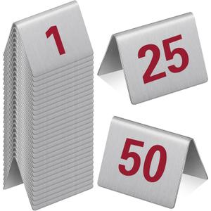 Wenqik 50 Pcs Stainless Steel Table Numbers 1-50 Tent Style 2 x 1.6 Inch Red Double Side Restaurants Table Number Card Signs for Wedding Reception Party Banquets Anniversaries Cafes Bars Supplies