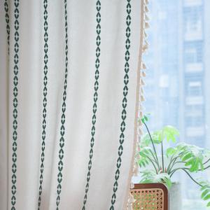 Deeprove Emerald Green Boho Curtains 84 inches Long for Bedroom, Vintage Bohemian Embroidery Farmhouse Cotton Striped Linen Country Tassel Window Treatments Christmas Decor, W52 x L84, 1 Panel