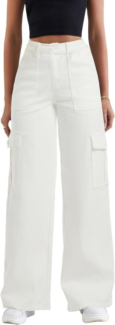 Women's Cargo Jeans Casual Baggy Cargo Jean Elastic High Waisted Stretch Wide Leg Denim Pants Streetwear (Medium, White)