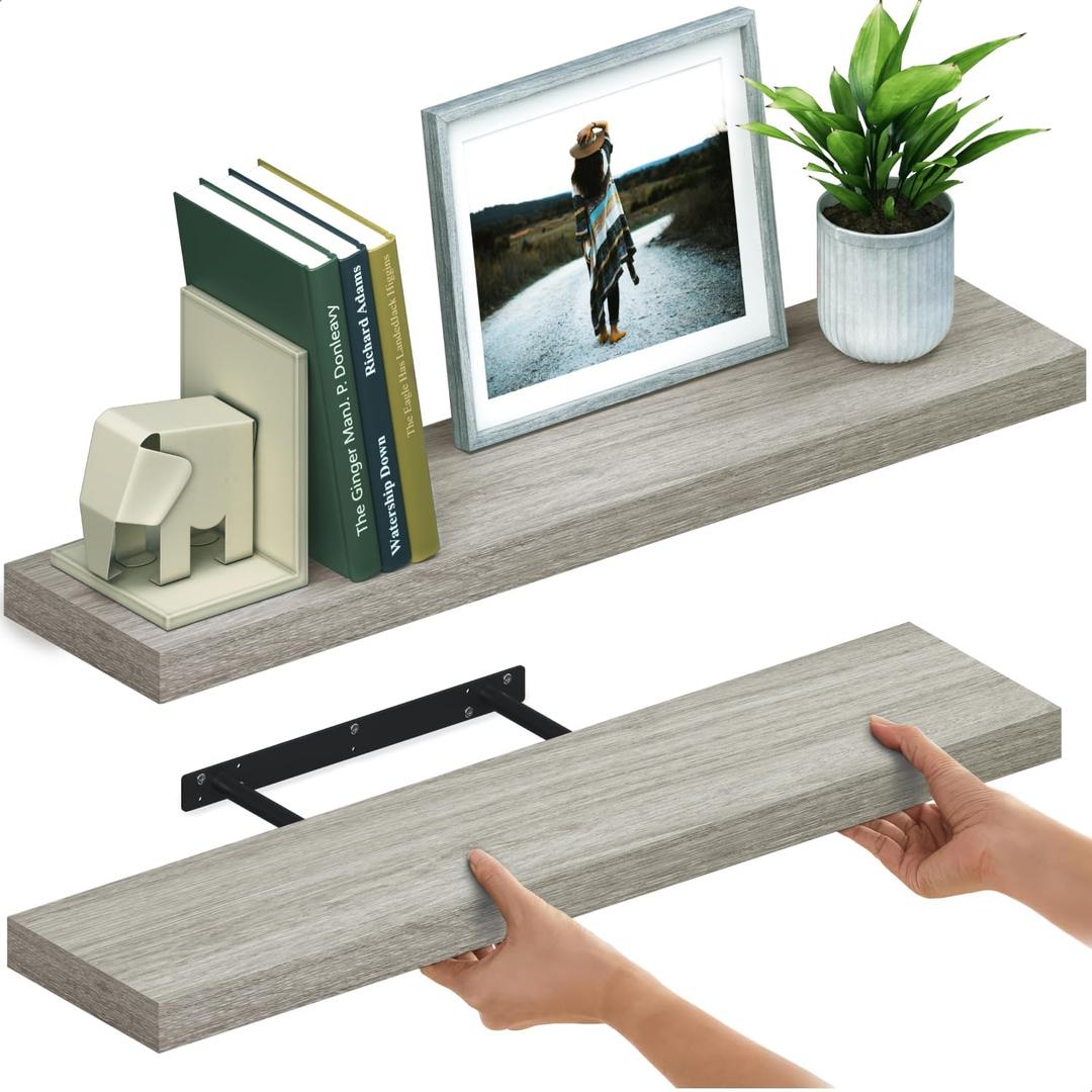 Ballucci Floating Shelves for Wall, 36" Wood Wall Shelf Set of 2, with Invisible Brackets for Bathroom, Living Room, Bedroom, Kitchen, Nursery, 8" Deep, Rustic Gray, 36" - 2 Pieces