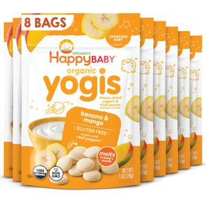 HAPPY BABY Yogis, Banana & Mango Yogurt Bites, 1oz Pouch (8 Pack) USDA Organic Baby Snack, No Added Sweeteners, Made with Real Fruit and Yogurt, Gluten-Free, Supports Pincer Grasp, Dissolving (EXP 01/01/26)