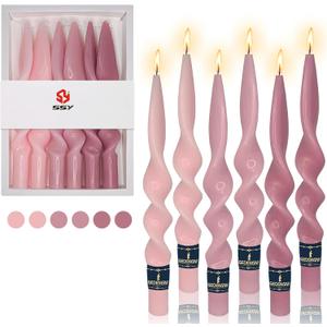Pink Spiral Twist Candlesticks, 10-Inch Long Tapered Cute Sticks, Colorful Twisted Candles for Wedding, Home, Dinner Party, Women Gift, Pack of 6 (24D6P-PIKMIX)