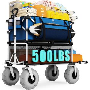 Navatiee 500Lbs Double Decker Wagon, 400L Large Capacity Heavy Duty Beach Cart with 9" Balloon Wheels for Sand, Folding Collapsible Wagon with Side Pocket for Beach, Sport, Camping, Blue