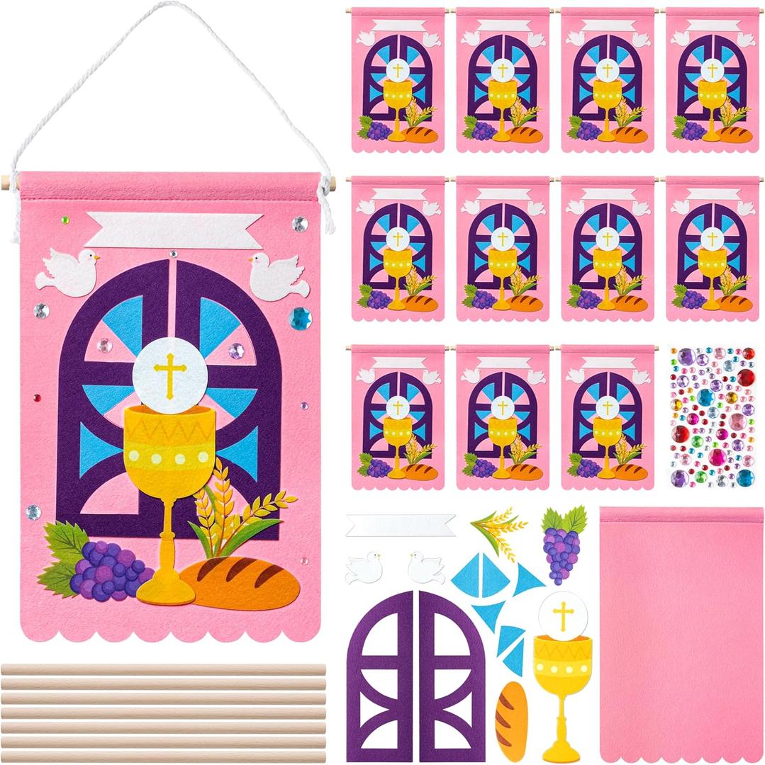 WATINC First Communion Banner Kit - 12 Set Holy 1st Communion Felt Banner Kit Baptism Christian Cross DIY Craft Decorations, Make Your Own Sunday School Church Hanging Crafts Supplies for Girls (Pink)