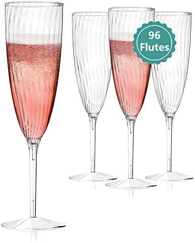 Walee Koky Clear Plastic Champagne Flutes, 96 PCS Disposable Reusable Cocktail Cups for Home Daily Life Party Birthday Wedding Toasting Drinking Champagne (6 oz)