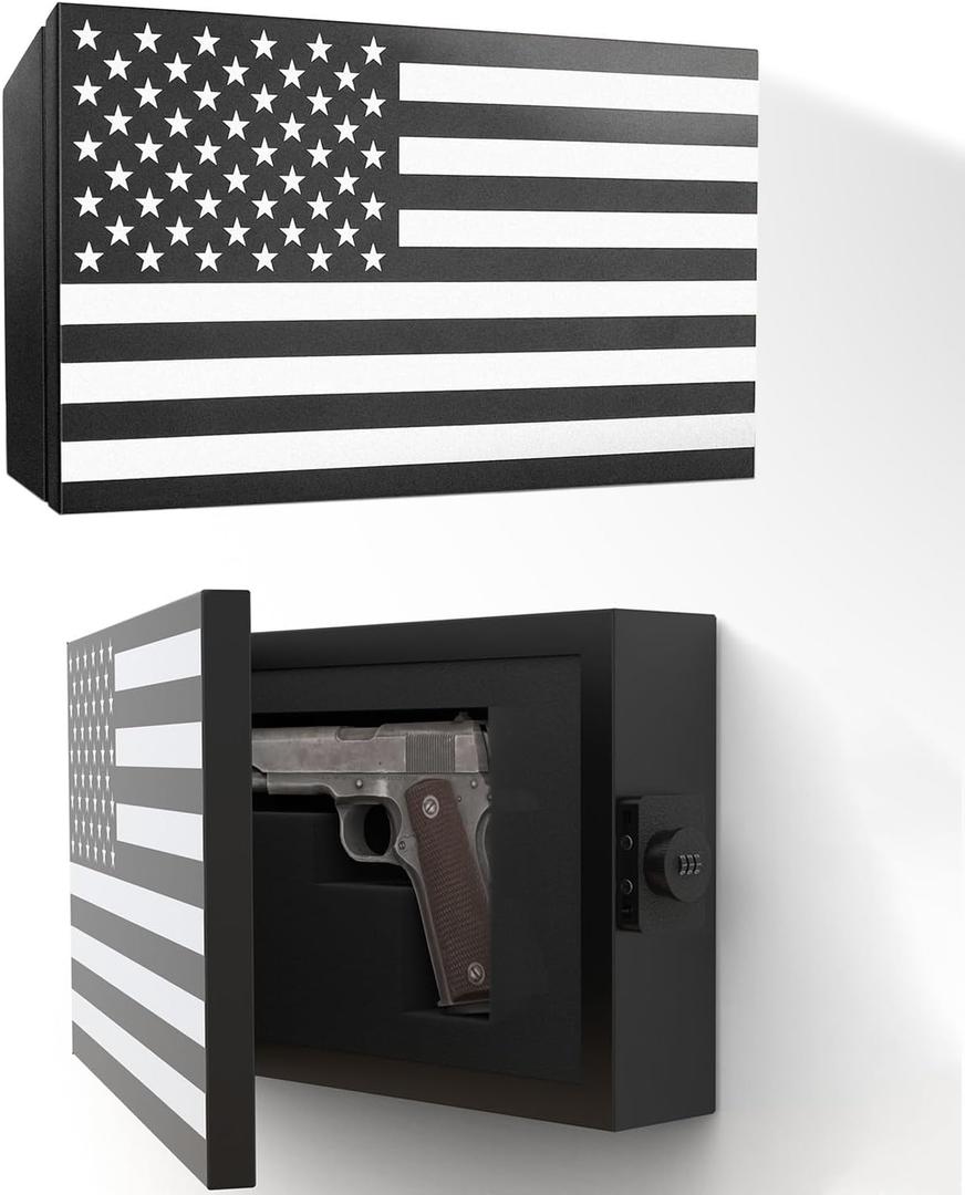 American Flag Gun Concealment Case, American Flag Wall Hanging Concealed Gun Cabinet, Combination Lock All Iron Frame for Police Gift (17" x 10" x 3")