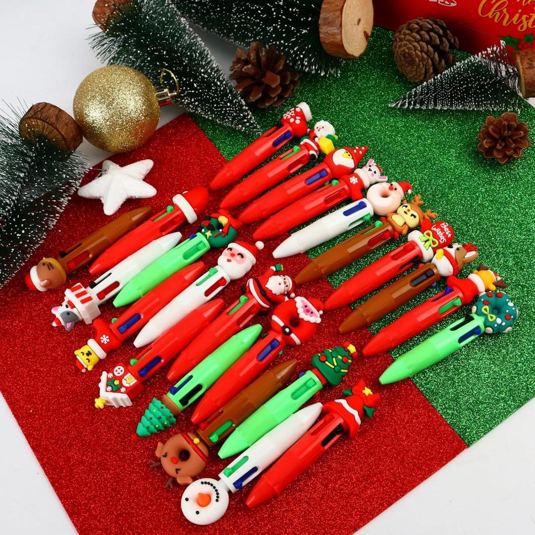 24 Style Christmas Pens Bulk, Multicolor 4 in 1 Christmas Pens, Mini Xmas Tree Wreath Stocking Ballpoint Pen, Stocking Stuffers Cute Winter Pen Bulk for Colleagues, Families, 24Pcs