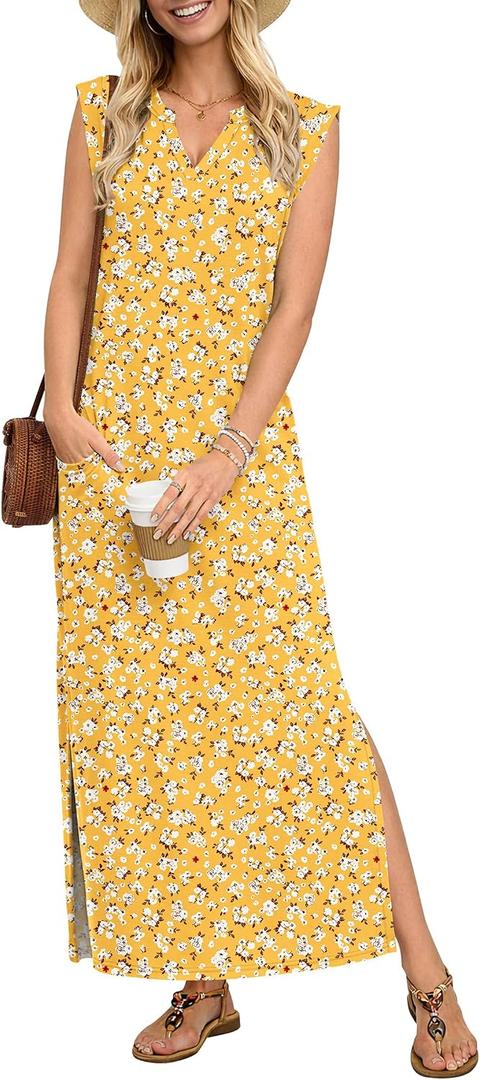 AUSELILY Women's V Neck Maxi Dresses, Straight-Cut Wrinkle-Free, Loose Split Sleeveless Vacation Dress with Pockets 2026