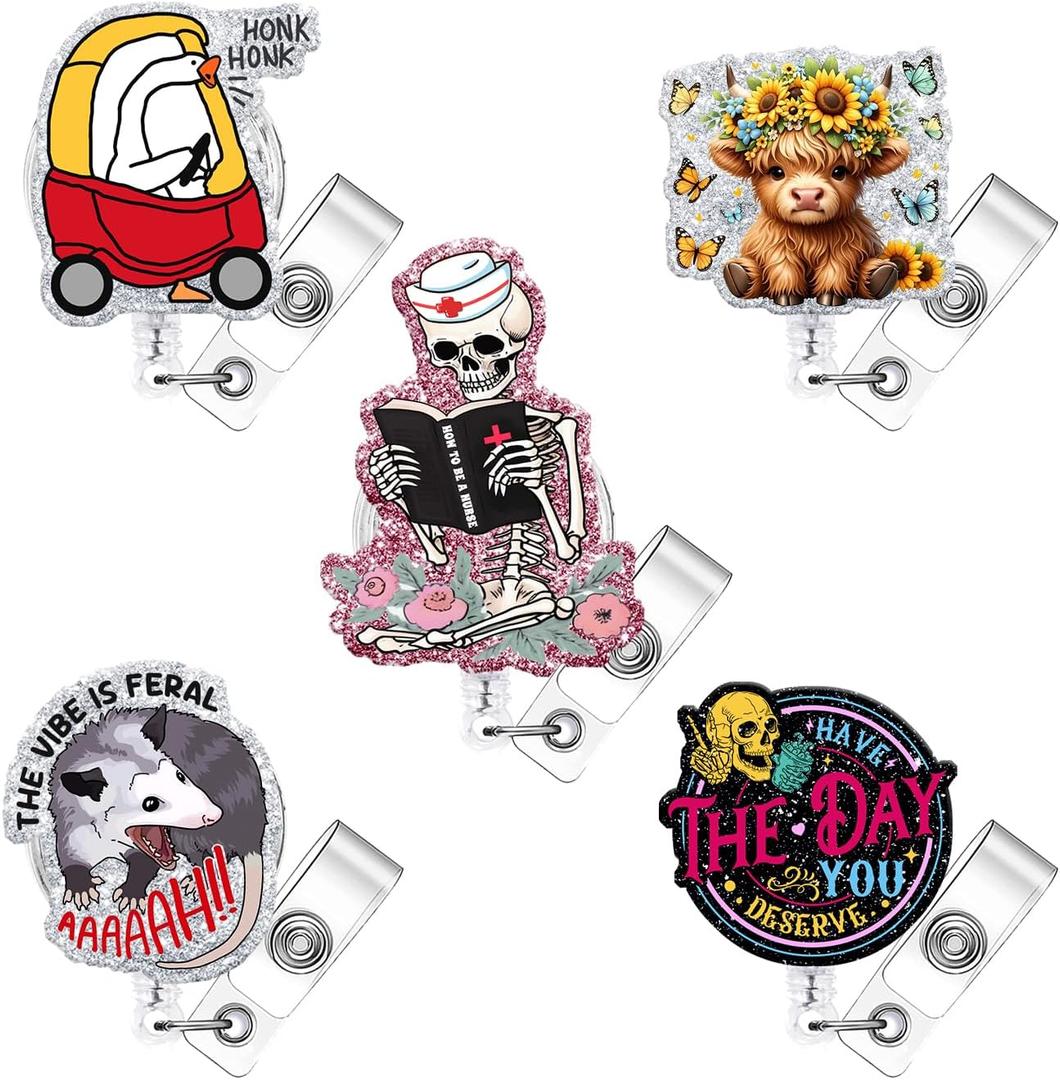 5 Pcs Funny Badge Reel Retractable Name Tag ID Clip Holder Nursing Student RN Pediatric Teacher Funny Office Work Accessories 5