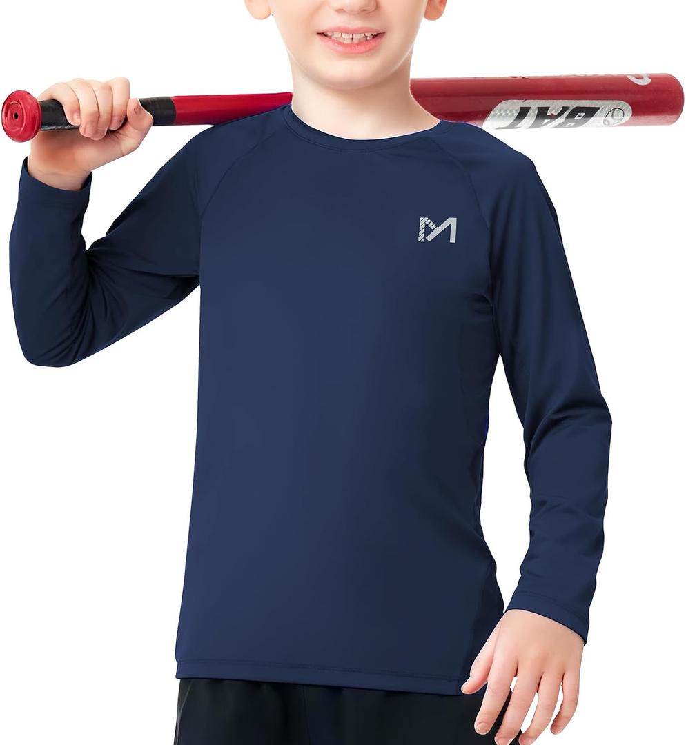MEETYOO Boys Compression Shirt Long Sleeve Athletic Undershirt for Youth Kids Quick Dry Football Base Layer (Blue, L)