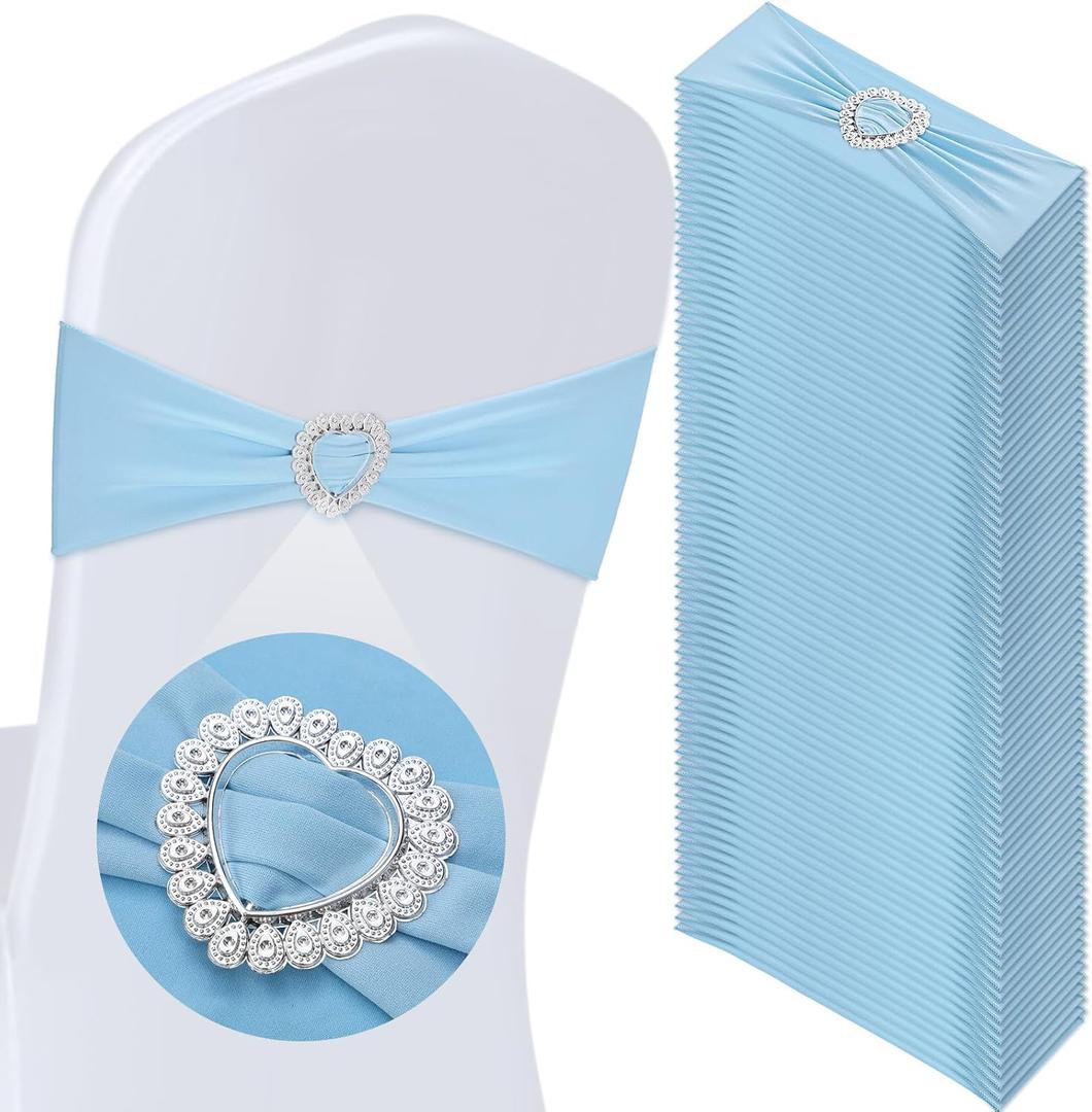 VitalCozy 50 Pcs Spandex Chair Sashes with Heart Shaped Buckle Slider Stretch Chair Cover Band Universal Elastic Chair Ties for Wedding Banquet Event Party Decoration(Sky Blue)