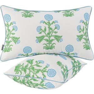 MIULEE Decorative Floral Outdoor Lumbar Pillow Covers with Inserts Set of 2 12x20,Waterproof Vintage Fade Resistant Patio Throw Pillows with Piping for Spring Summer Garden Couch Sofa,Blue and Green