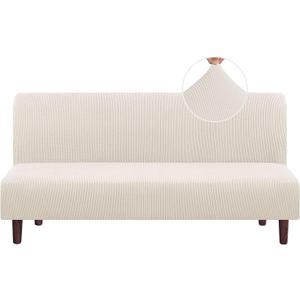 PrinceDeco Stretch Armless Futon Cover Futon Slipcover Full Queen Size Couch Cover Futon Sofa Bed Cover Furniture Protector with Elastic Bottom, Machine Washable,Ivory