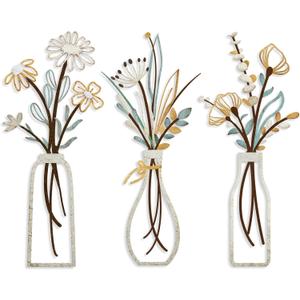 Pigort 3 Pieces Metal Flowers Wall Arts - Rustic Farmhouse Decor Beige Minimalist Flower Wall Decors for Living room Bathroom Bedroom Dining Room-Housewarming Gifts (Beige, Vase-C)