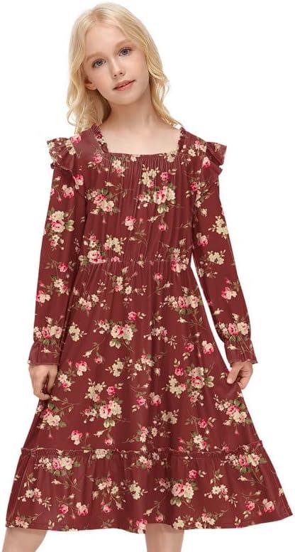 BesserBay Girls Long Sleeve Ruffle Floral Swing Square Neck Midi Dress,Size 110
