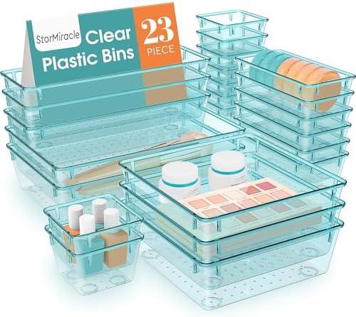 StorMiracle 23 PCS Drawer Organizer Set, 5 Varied Size Bathroom and kitchen Drawer cabinet organizer Trays, Clear Storage Bins for Makeup, Jewelry, Utensils and Gadgets